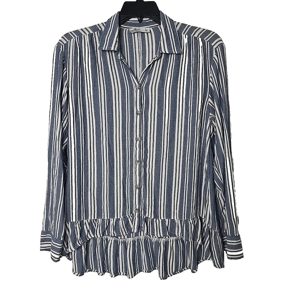 Hollister Womens L Blue & White Stripe Gauzy Button Front Ruffle Long Sleeve Top